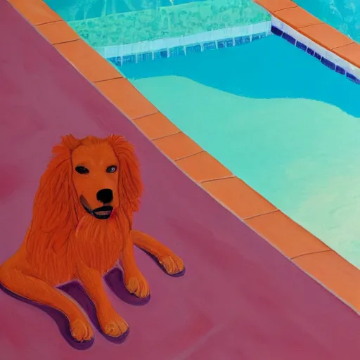 Prompt: close-up of a red dog in front of a pool, painting by david hockney, higly detailed