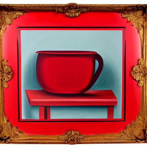 Image similar to a monochromatic nature morte painting in a bright red frame