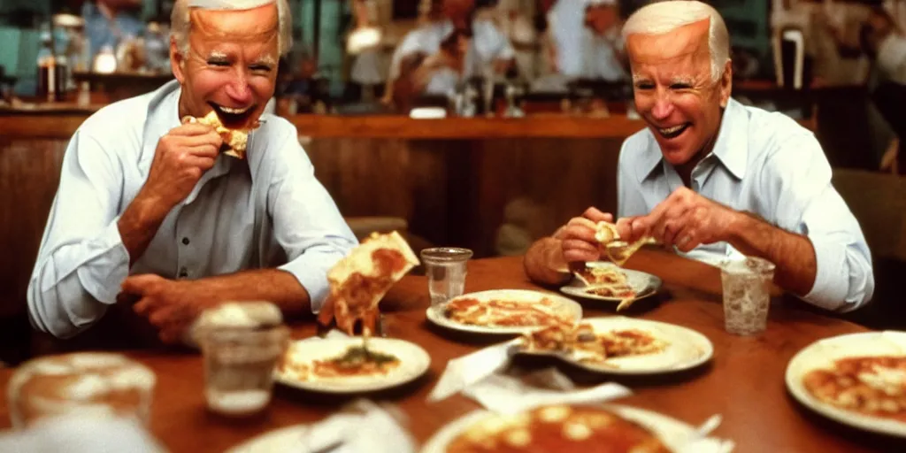 Prompt: color film of joe biden eating pizza in an italian restaurant 1 9 9 4 im the film of forest gump, grinning, close up, detailed