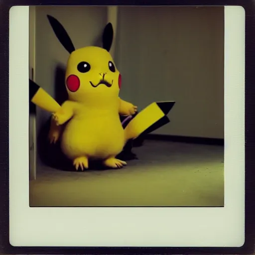 Image similar to A creepy polaroid photo of pikachu chasing you down a hallway