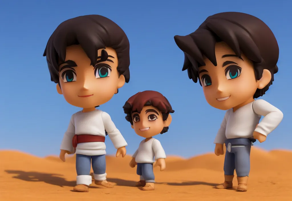 Prompt: profile view of arabic young aladdin as nendoroid walking in a desert, 8 k, hd, dof, kodak film, volumetric lighting, subsurface scattering, photorealistic, octane render