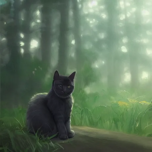 Prompt: portrait of a cat in a forest, by kawacy, trending on artstation, backlighting, sunlight