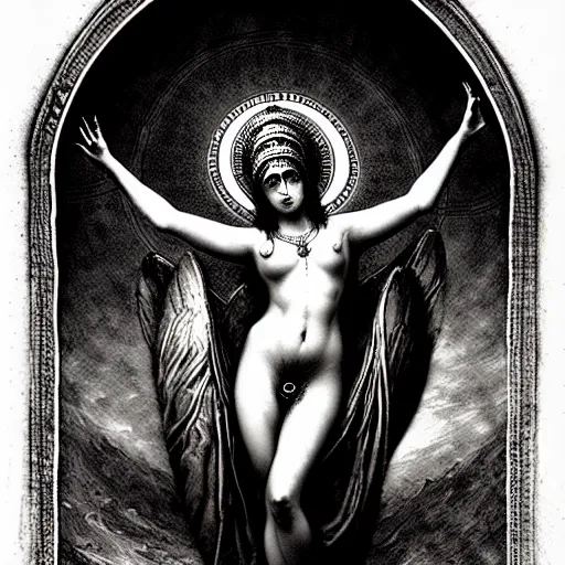 Image similar to marana slavic goddess with six arms : by gustave dore and greg rutkowski and wlop, mystic high contrast monochromatic noir