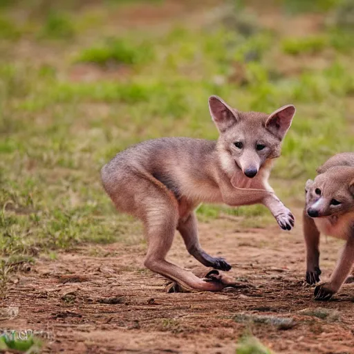 Prompt: high quality nature documentary photograph of three thylacine puppies playing together