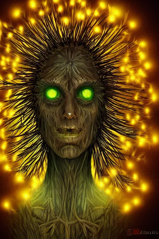 Image similar to glowing dandelion humanoid figure monster, symmetrical, highly detailed, digital art, sharp focus, trending on art station, amber eyes, autumnal colours