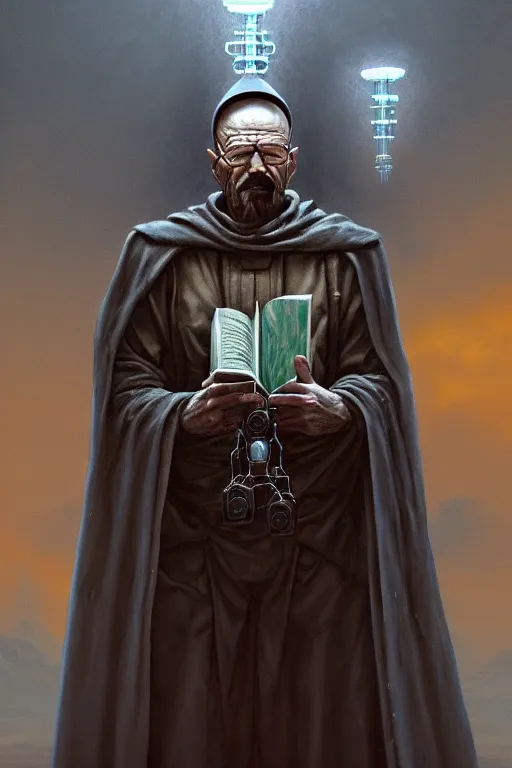 Image similar to painting of walter white as a cloaked tech priest holding a book, adeptus mechanicus!, cybernetic enhancements attached to his body, praise the omnissaiah, zdzislaw beksinski, lewis jones, mattias adolfsson, warhammer 4 0 k!!, cold hue's, warm tone gradient background, concept art, digital painting