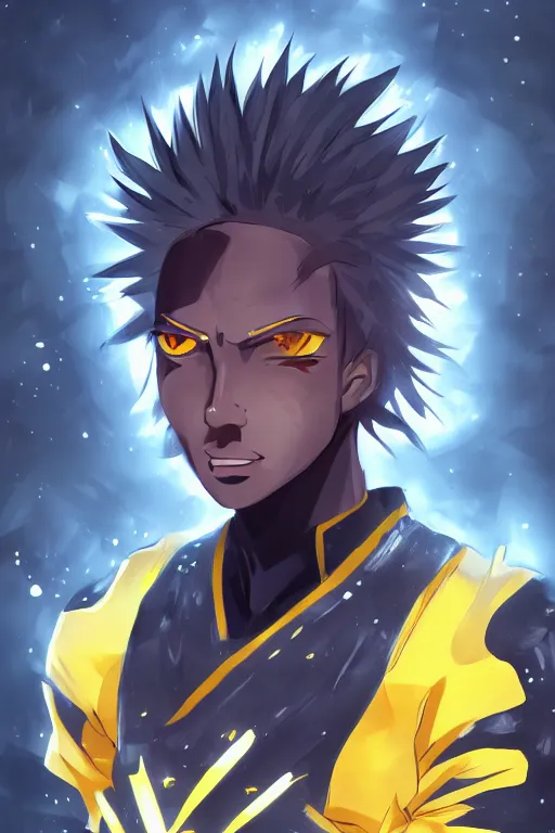 Image similar to glowing black male anime character, short golden hair, yellow eyes, symmetrical, highly detailed, digital art, sharp focus, trending on art station, samurai, electricity superpowers, anime art style