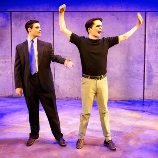 Image similar to award winning Production photo of Ben Shapiro the musical on broadway, dancing, singing, costumes by Julie Taymor, set design by Julie Taymor