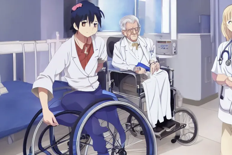 Image similar to a cute young female doctor wearing white coat, an old man of 80 years wearing blue T-shirt in a wheelchair, hospital ward, slice of life anime, cinematic, realistic, anime scenery by Naoshi Arakawa:8 and Makoto shinkai