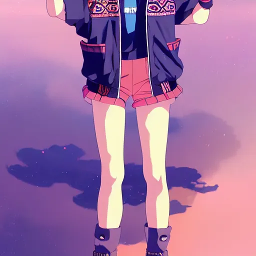 Image similar to a beautiful boyish natalie portman gravure model, wearing oversized mayan bomber jacket and leotard with overalls, bulky poofy bomber jacket with mesoamerican patterns, mesoamerican street fashion, gapmoe yandere grimdark, trending on pixiv fanbox, painted by greg rutkowski makoto shinkai takashi takeuchi studio ghibli, akihiko yoshida