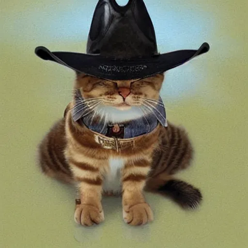 Image similar to a crying cat wearing a cowboy hat