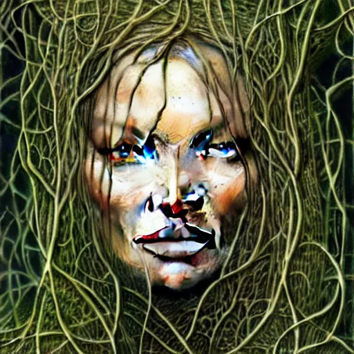 Prompt: a portrait of Kate Moss covered in overgrown vines, face, intricate, digital painting, artstation, intricate, concept art, smooth, sharp focus, illustration, art by Zdzislaw Beksinski