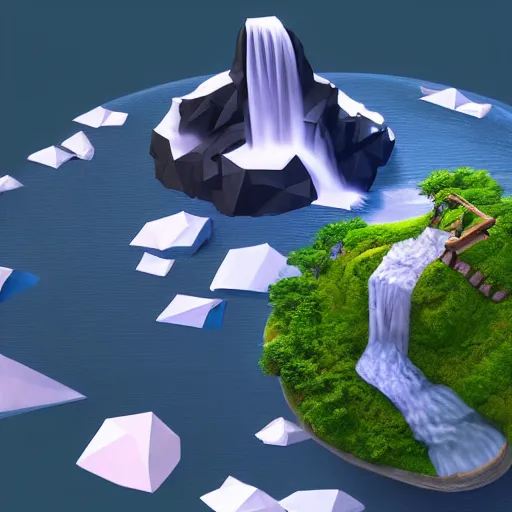 Image similar to low poly art of a round floating island of new york surrounded by waterfalls, in the sky, isometric art, 3d render, ray tracing, high detail, artstation, concept art, behance, smooth, sharp focus, ethereal lighting, unreal engine 5