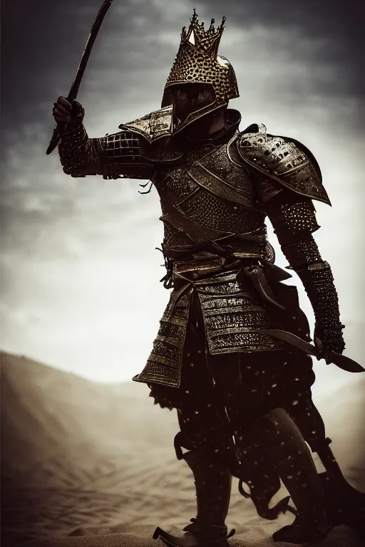 Image similar to the king in the desert, Medieval Warrior fighting in a dark scene, detailed scene, standing in a heroid figure, Armour and Crown, highly detailed, blood and dust in the air, action scene, cinematic lighting, dramatic lighting, trending on artstation, elegant, intricate, character design, motion and action and tragedy, fantasy, D&D, highly detailed, digital painting, concept art