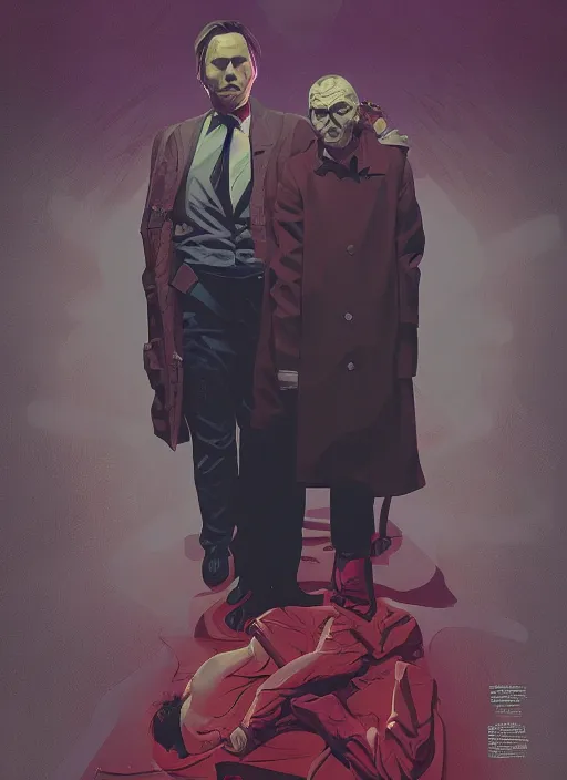 Prompt: poster artwork by Michael Whelan and Tomer Hanuka, Karol Bak of the Mads Mikkelsen, from scene from Twin Peaks, clean