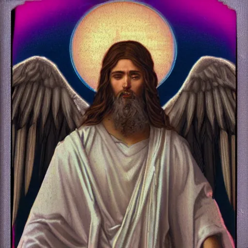 Image similar to hyper realistic biblically accurate seraphim Polaroid vaporwave