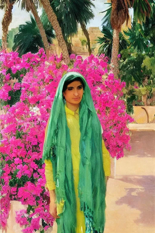 Image similar to a persian girl with agreen rabesque scarf near bougainvillea and palm trees, ahwaz city in iran, painting by john singer sargent