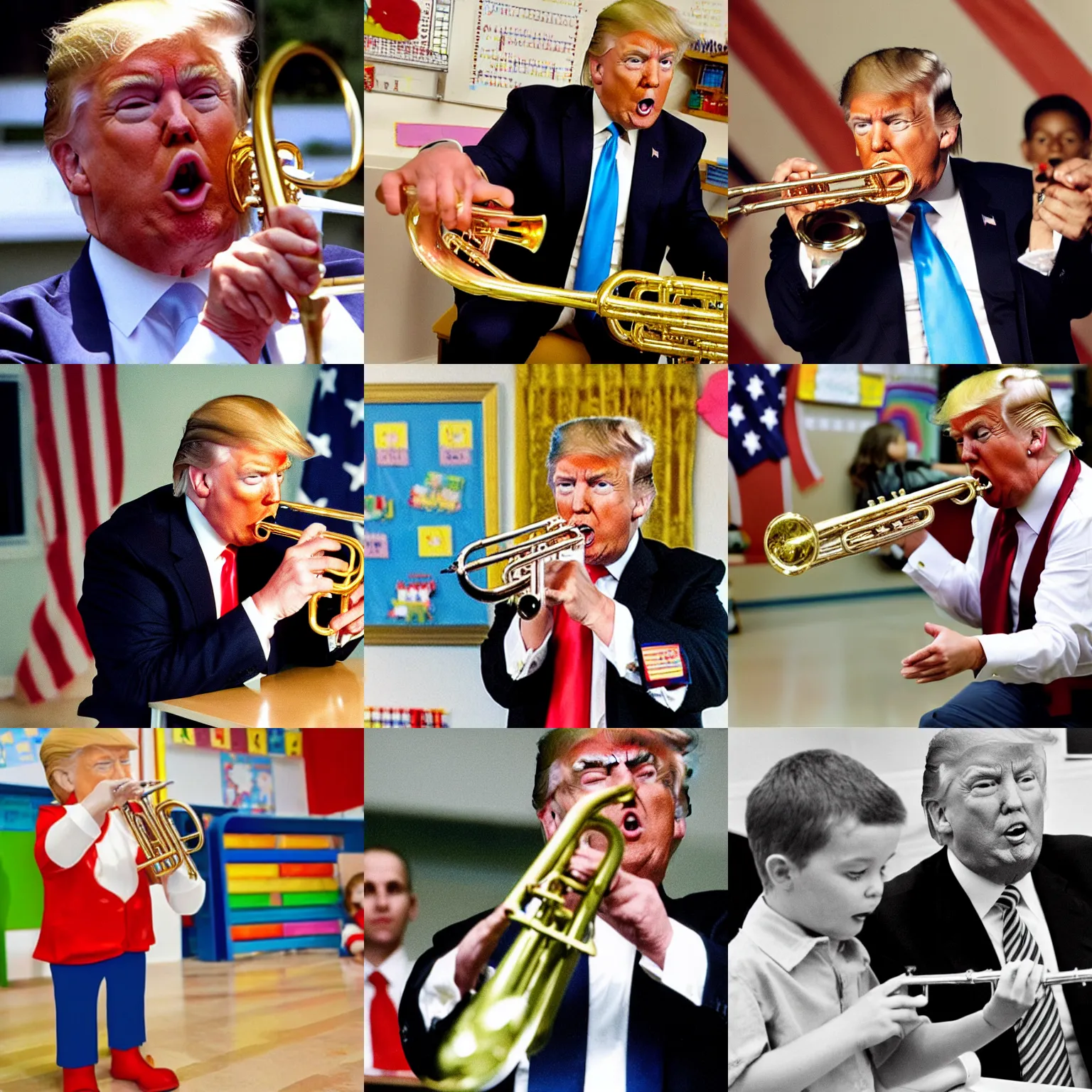 Prompt: donald trump playing a toy trumpet in kindergarten