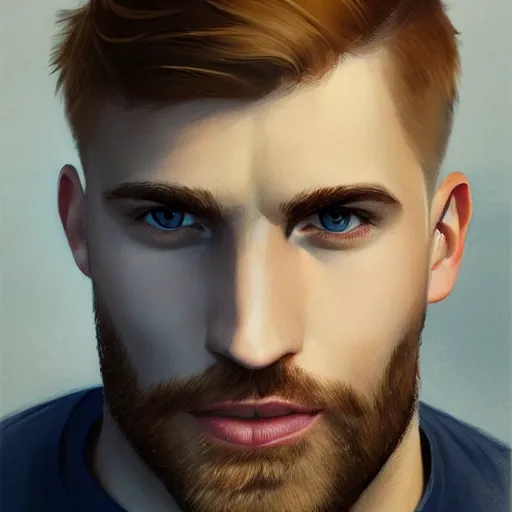 Prompt: tall chunky man in his twenties with brown blond short regular haircut and round facial structure with cleft chin, straight eyebrows, big grey blue eyes, smirking, happy, slightly set back jaw, cheekbones, straight nose, wider face, slight shadow of beard, atmospheric lighting, painted, intricate, 4 k, highly detailed by charlie bowater