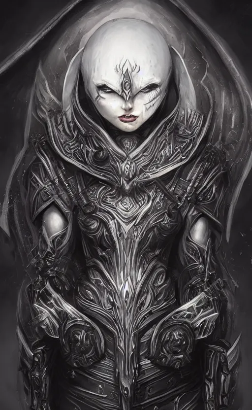 Image similar to character concept, beautiful warlock in armor, black hair, hooded cowl, intricate smooth patterns, cosmic armor, diablo splash art, cinematic lighting, hr giger style