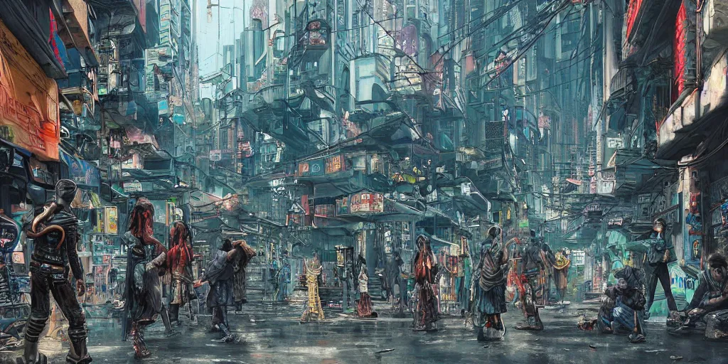 Prompt: a hyperrealistic and beautiful matte painting of a cyberpunk gang on the alleyway of a futuristic indonesian city, gritty, cyberpunk ads, piping, cables, octane rendered, art deco architecture, graffiti, fine detail, intricate, polished, blue color scheme, cinematic lighting, digital art, illustration, by john smith and noriyoshi ohrai and tsutomu nihei