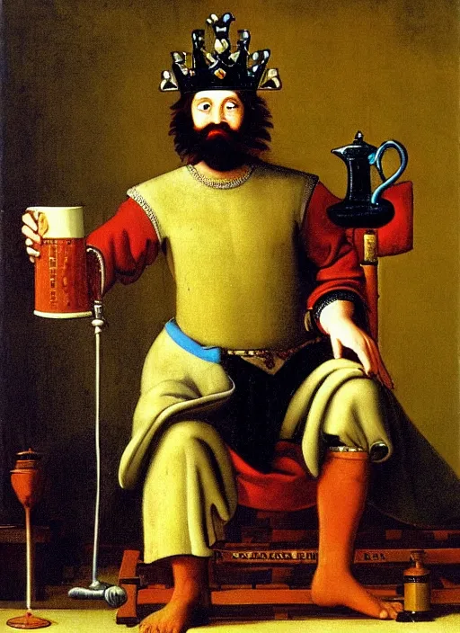 Prompt: king on a throne with a water - filled tankard in his hand in the style of michael sowa