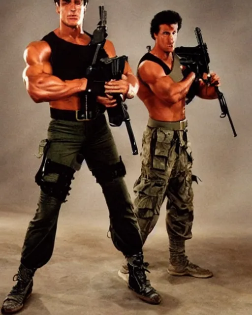 Prompt: young arnold photoshoot of commando versus rambi. young arnold schwarzenegger as matrix, from commando and young sylvester stallone as rambo, photoshoot in the style of annie leibovitz,