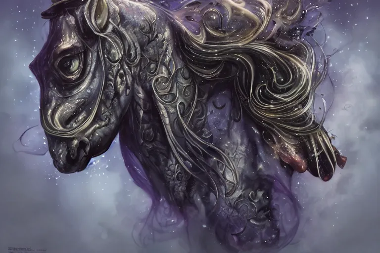 Image similar to a wlop 3 d render of very very very very highly detailed beautiful mystic portrait of a phantom undead horse with whirling galaxy around, tattoos by anton pieck, intricate, extremely detailed, digital painting, artstation, concept art, smooth, sharp focus, illustration, intimidating lighting, incredible art,