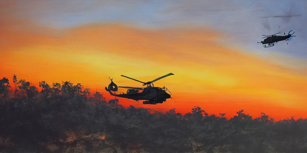 Prompt: Painting of vietnam Huey Helicopters, above a forest, orange sun set, abstract, realism, high details, glow, far, distance, over the horizon, drawn, 8k