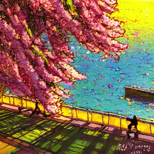 Image similar to cherry tree blossom, windy, impressionist, golden hour, masamune shirow