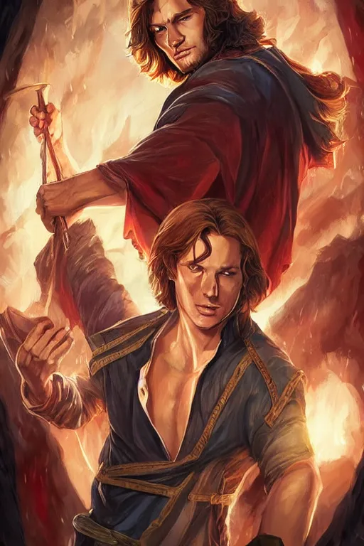 Image similar to sam winchester as a mage in the cover of an acotar book. d & d!, fantasy style, sharp focus!, ultra detailed, art by artgerm, wlop, ilya kuvshinov