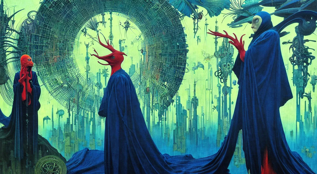 Image similar to realistic detailed portrait movie shot of a birdman wearing dark robes, sci fi city landscape background by denis villeneuve, amano, yves tanguy, alphonse mucha, ernst haeckel, max ernst, roger dean, masterpiece, rich moody colours, blue eyes, occult