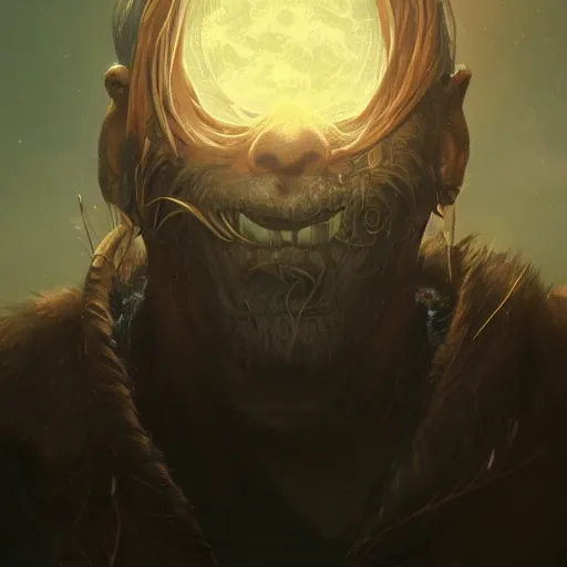 Prompt: close detail portrait old male mouth open with musical rune face Tattoos, mystical, digital fantasy art, hands straight down, float under moon light at night, at late evening by greg rutkowski and thomas kinkade, Trending on artstation