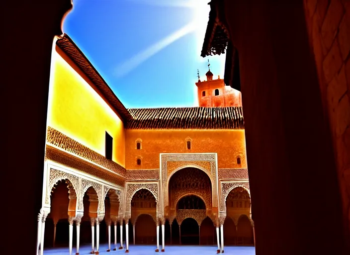 Prompt: alhambra in granada spain mastery of moorish design and architecture, volumetric rays, cinematic lighting