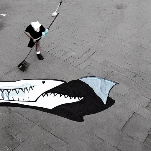 Image similar to Shark as a Janitor throwing out the trash and sweeping, painting