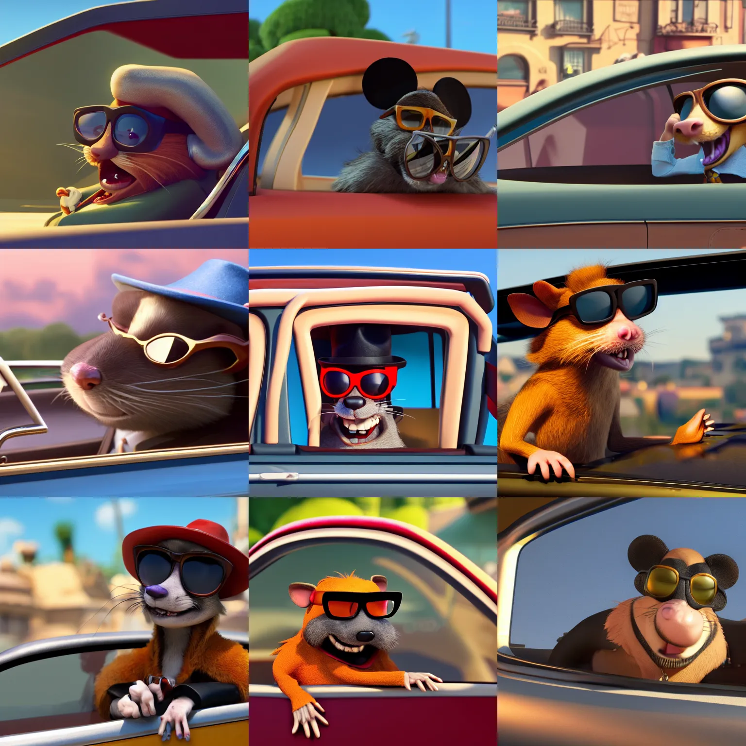 Prompt: a still of an anthropomorphic gangster rat, wearing sunglasses and a mafia-style hat, long fur, leaning out of a lowrider convertible window in a Disney Pixar movie, 35mm f2.8, 4k, artstation, PBR materials, Pixar renderman render