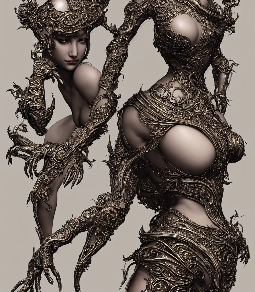 Image similar to a photo of a female in wearable sculpture art, ornate, metal works, intricate details, elegant, highly detailed, digital photography, artstation, glamor pose, concept art, smooth, sharp focus, art by artgerm and greg rutkowski, 3 d character, whole body, full body, film, photorealistic, unreal engine