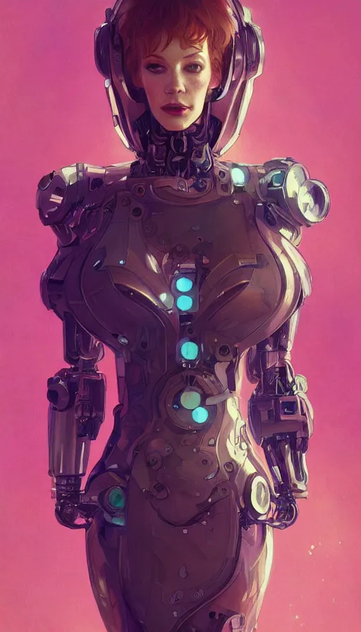 Image similar to portrait of christina hendricks as a robot, cyberpunk machine, machine face, robed, upper half portrait, decorated, intricate intense elegant highly detailed digital painting artstation concept art smooth sharp focus illustration, art by artgerm and greg rutkowski alphonse mucha 8 k