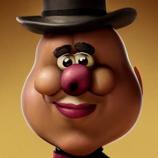 Image similar to teteaclaquestv mr potato head caricature, artgem, digital painting, color painting, hyperrealistic, concept art, oil painting, masterpiece, concept art, trending on deviantart, realistic and detailed face, highly detailed, high quality, 8 k, soft lighting, fancy colors, fantasy, cinematic, high coherence