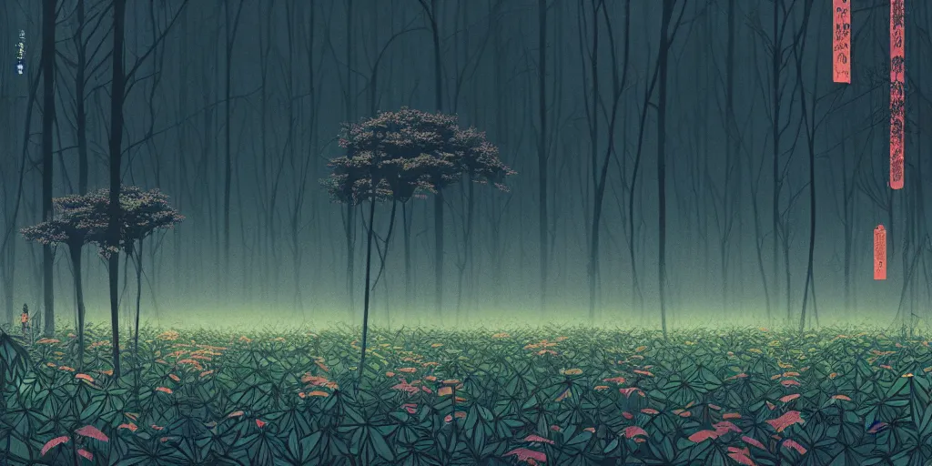 Prompt: grainy risograph matte painting, gigantic robot, a lot of exotic vegetation, trees, flowers, tall grass, black, pastel matte colors, staying in the foggy huge dark night forest covered with web and cotton and a lot of luminous tiny insects, by satoshi kon, hyperrealism, intricate detailed