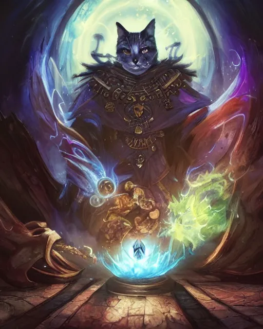 Image similar to Cat Magus, spell, Tzeentch, magic the gathering artwork, D&D, fantasy, cinematic lighting, centered, symmetrical, highly detailed, digital painting, artstation, concept art, smooth, sharp focus, illustration, volumetric lighting, epic Composition, 8k, art by Akihiko Yoshida and Greg Rutkowski and Craig Mullins, oil painting, cgsociety