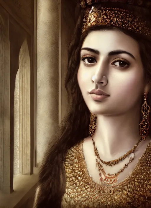 Image similar to beautiful close up portrait of a young Persian queen in Ancient Persia standing on the balcony of a palace, soft sunlight hitting face, realistic, digital art, 4k