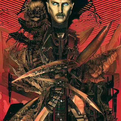 Image similar to portrait of crazy blade runner, symmetrical, by yoichi hatakenaka, masamune shirow, josan gonzales and dan mumford, ayami kojima, takato yamamoto, barclay shaw, karol bak, yukito kishiro