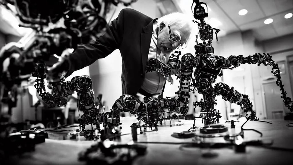 Image similar to bernie sanders putting the finishing touches on a complex magical clockwork doomsday robot, black and white photo, cinematic moody lighting, sharp focus