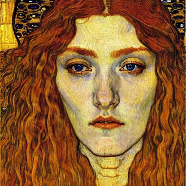 Image similar to detailed realistic beautiful young medieval queen face portrait by jean delville, gustav klimt and vincent van gogh, art nouveau, symbolist, visionary, gothic, pre - raphaelite, muted earthy colors, desaturated