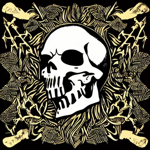 Image similar to dark death metal themed vector illustration for a record label, trees. forest, spikes, skull, microphone, skull, award winning, grunge, iconic, golden ratio