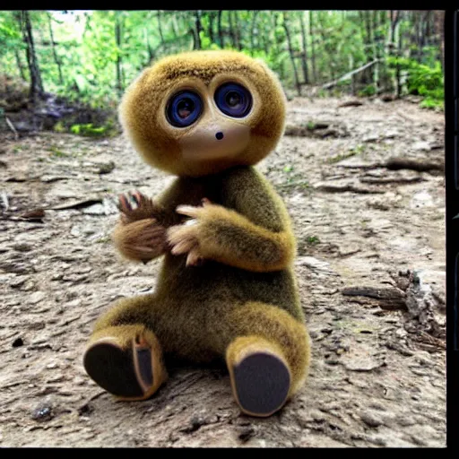 Prompt: trail cam footage of cheburashka