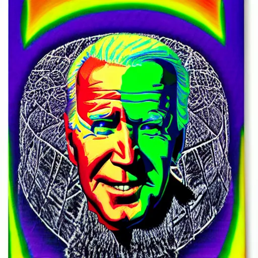 Prompt: joe biden fighting climate change by alex grey green purple orange color palette very detailed clear focus