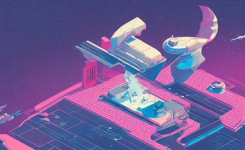 Prompt: isometric, a spaceship, gas station in space, sharp focus, hard edges, moebius, sci - fi, print, risograph, cinematic, game art, soft painting