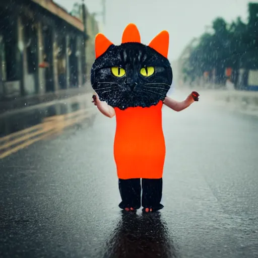 Image similar to a crying cat in the middle of a wet street while wearing a funny carrot costume, android picture